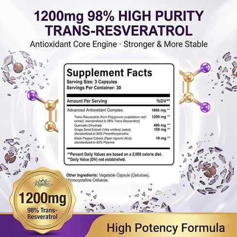 Trans-Resveratrol 1800mg Complex - 1200mg Pure Trans-Resveratrol 98% Purity with Quercetin, Grape Seed & Black Pepper for Max Absorption - Anti-Aging & Heart Support - 90 Vegan Capsules in Saudi Arabia