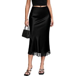 Women's Satin Lace Hem Midi Skirt Elastic High Waist Silk A-Line Flared Fishtail Casual Long Skirts for Women Trendy in Kuwait