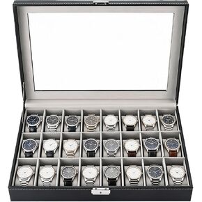 MAOPINER 24 Slot Watch Box, Premium Watch Case with Glass Display Lid, PU Leather Watch Storage Organizer, Lockable Wristwatch Display Case with Removable Pillows in Saudi Arabia