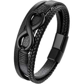Infinity Bracelet for men，Black Men Leather Bracelet Double Layered with Braided Rope and stainless steel Black/Gold Infinity Clasp in Saudi Arabia
