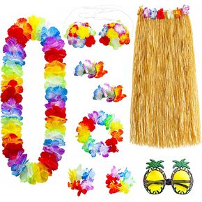9 Pcs Tropical Luau Costume Set for Women, Grass Skirt with Flower Bikini Top, Pineapple Sunglasses, Lei Necklace, Headband, 2 Wristbands & 2 Hibiscus Hair Clip for Beach Party in Saudi Arabia