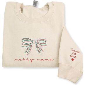 COUPLEHOODIES Custom Mama Christmas Embroidered Sweatshirt – Crewneck with Kid's Names on Sleeve, for Mom in Saudi Arabia