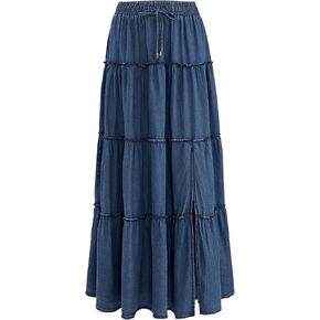 OXP Women's Denim Tiered Maxi Skirt High Waisted Flowy Ruffle Long Skirt for Casual, Vacation Daily Wear in Kuwait