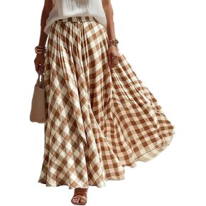 Boho Skirts for Women Midi Length Loose Fit Plaid Long Flowy Elastic Waist A-Line Skirt Summer Casual Beach Vacation in Saudi Arabia