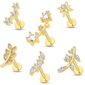 Flat Back Cartilage Earrings CZ Earring Studs Set Helix Conch Tragus Labret Piercing Jewelry for Women Internal Thread Hypoallergenic Surgical Stainless Steel 14K Gold 16 Gauge in Saudi Arabia