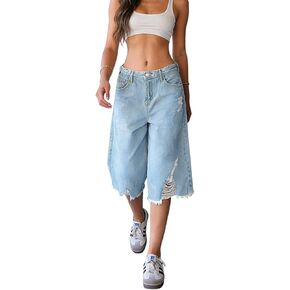 Women's Y2K Ripped Wide Leg Denim Shorts, Baggy Knee Length Cropped Bermuda Jean Jorts in Saudi Arabia