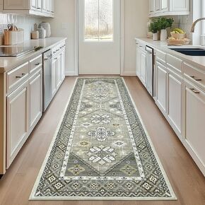 Boho Runner Rug 20x60, Non-Slip Kitchen Runner Rug Washable Faux Wool Stain-Resistant Hallway Runner Rugs, Vintage Low-Pile Blue Non-Skid Carpet for Entryway, Bathroom, Hallway Mats for Floor in Saudi Arabia