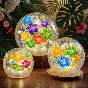 Rossesay 3 Pcs Hawaii Garden Hibiscus LED Outdoor Decor Cracked Glass Ball Lights Summer Luau Party Tropical Orb Globe Night Light for Yard Patio Lawn Pool Home, 3 Size Battery-Powered Floral Lamp in Kuwait