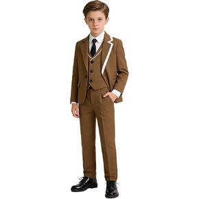 Boys Suit 5 Piece Formal Slim Fit Suits for Boys White Side Kids Tuxedo with Blazer Vest Pants Ornament Tie in Saudi Arabia
