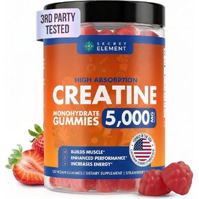 Secret Element Creatine Monohydrate Gummies 5000 mg per Serving, Sugar Free Vegan Gummies, Non-GMO, Creatine Chews for Women & Men, 30 Servings, 120 Gummies, Strawberry Flavor in Saudi Arabia