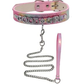Collar and Leash Set Choker Necklace for Women,Pride Rainbow Glitter Leather Choker with Letters Gothic Punk Jewelry for Rave,Cosplay Party in Saudi Arabia