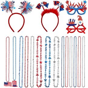 4th of July Patriotic Party Accessories 18Pcs Veterans Day Beads Necklaces Bulk Patriotic Glasses and Headbands for Parade Party Favors Decorations in Kuwait
