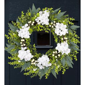 22-24 Inch Eucalyptus and Boxwood Wreaths for Front Door, Front Door Wreaths for All Seasons with White Flower & Berries, Spring Summer Fall Wreath for Home, Front Door, Porch, Window Decor in Saudi Arabia