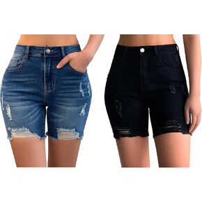 شورت جينز نسائي عالي الخصر من roswear مكون من قطعتين - شورت جينز ممزق باللونين الأزرق والأسود مع مقاس مطاطي L in Kuwait
