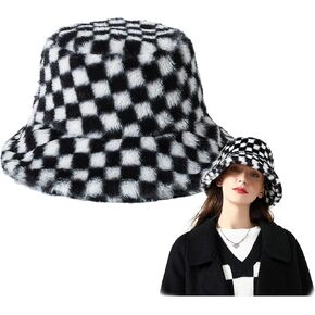 Womens Winter Fluffy Bucket Hat Checkered Pattern,Winter Faux Fur Bucket Hat Fluffy Warm Hat for Women Men in Saudi Arabia