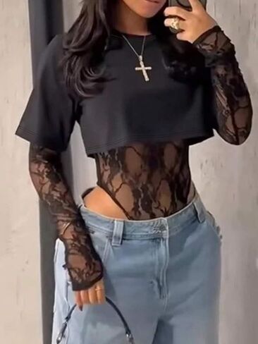 Women's Sexy 2 in 1 Bodysuits Sheer Solid Color Lace Patchwork See Through Crop Tops Club Outfits in Kuwait