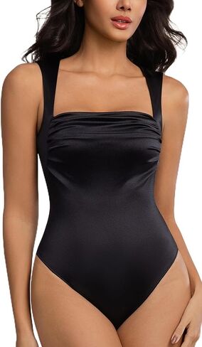 Women's Square Neck Ruched Bodysuit Top, Smooth & Sleek Satin Going Out Summer Sleeveless Straps Black Bodysuit in Saudi Arabia