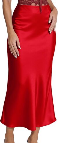 LCNBA Women's Spring Summer High Waist Satin Skirt Silk Elegant Cocktail Party Midi Skirts in Saudi Arabia