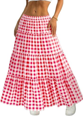 ELLEVEN Women's Gingham Tiered Boho Maxi Skirt - A-Line Elastic Waist Flowy Plaid Skirt for Summer Vacation Outfits in Kuwait