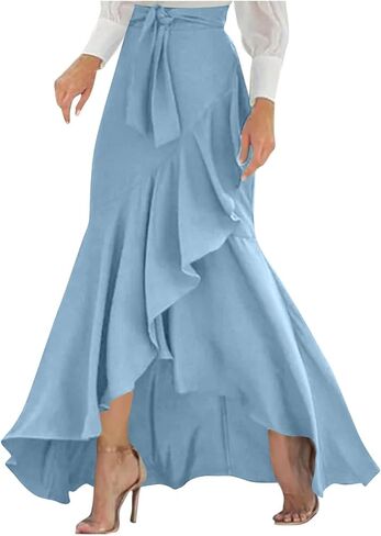 Melliflo Womens Asymmetric Wrap Maxi Skirt Belted High Waisted Elastic Back Long Skirts Ruffle Mermaid Skirt in Kuwait