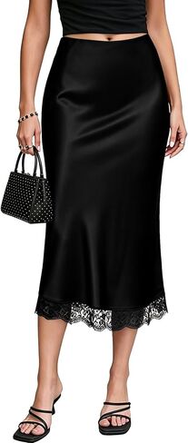 Women's Satin Lace Hem Midi Skirt Elastic High Waist Silk A-Line Flared Fishtail Casual Long Skirts for Women Trendy in Kuwait