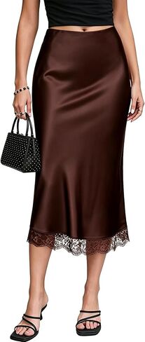 Women's Satin Lace Hem Midi Skirt Elastic High Waist Silk A-Line Flared Fishtail Casual Long Skirts for Women Trendy in Kuwait