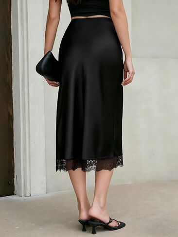 Women's Satin Lace Hem Midi Skirt Elastic High Waist Silk A-Line Flared Fishtail Casual Long Skirts for Women Trendy in Kuwait