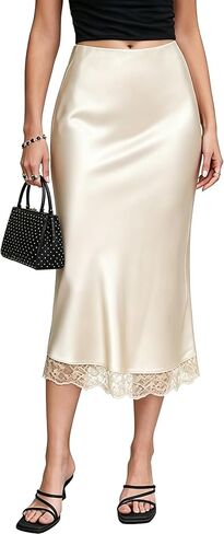 Women's Satin Lace Hem Midi Skirt Elastic High Waist Silk A-Line Flared Fishtail Casual Long Skirts for Women Trendy in Kuwait