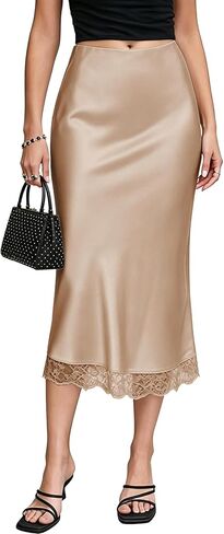 Women's Satin Lace Hem Midi Skirt Elastic High Waist Silk A-Line Flared Fishtail Casual Long Skirts for Women Trendy in Kuwait