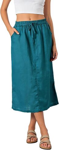 Womens 100% Linen Maxi Long Skirts Elastic Waist Drawstrings A Line Dress with Pockets in Saudi Arabia