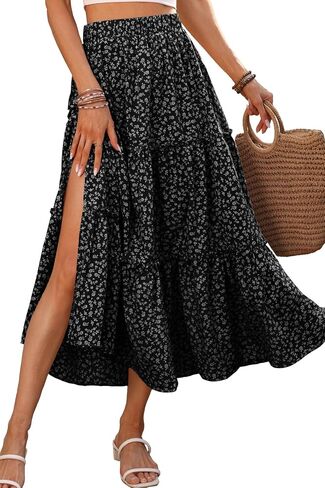 ELLEVEN Women's Floral Maxi Skirt Boho Flowy High Waisted A-Line Tiered Ruffle Skirt with Side Slit in Kuwait