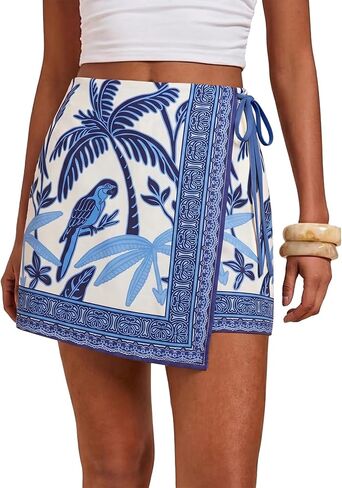 Women's Wrap Mini Skirt Floral Printed Casual Short Skirts Elastic Waist Summer Beach Vacation Boho Skirts in Saudi Arabia