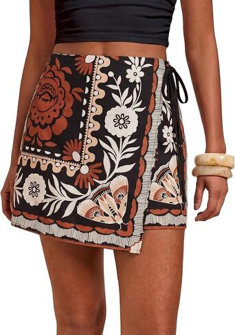 Women's Wrap Mini Skirt Floral Printed Casual Short Skirts Elastic Waist Summer Beach Vacation Boho Skirts in Saudi Arabia