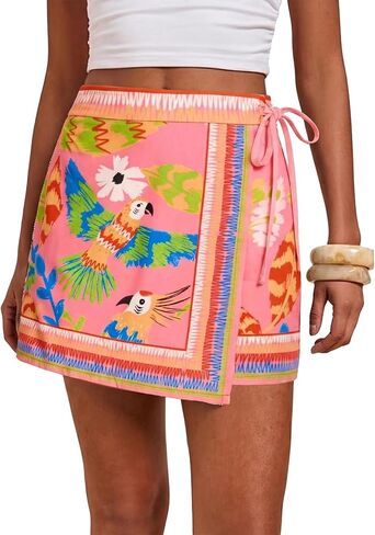 Women's Wrap Mini Skirt Floral Printed Casual Short Skirts Elastic Waist Summer Beach Vacation Boho Skirts in Saudi Arabia