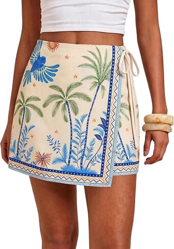 Women's Wrap Mini Skirt Floral Printed Casual Short Skirts Elastic Waist Summer Beach Vacation Boho Skirts in Saudi Arabia