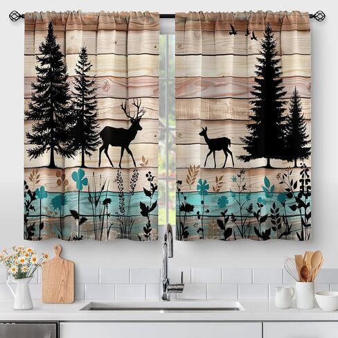 Aimego Forest Deer Kitchen Curtains - Wood Retro Teal Cafe Country Rustic Small Short Tier Window Curtains for Bathroom Living Room Decor Rod Pocket Window Drapes 36 Inch Length Set 28"x36" in Saudi Arabia