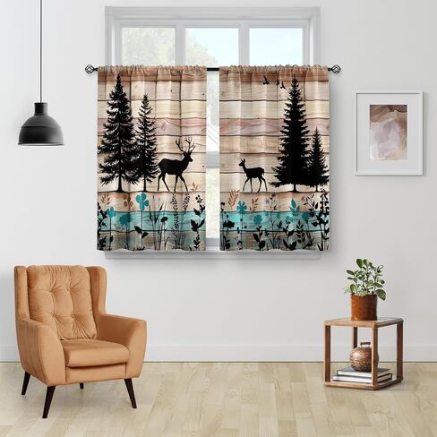 Aimego Forest Deer Kitchen Curtains - Wood Retro Teal Cafe Country Rustic Small Short Tier Window Curtains for Bathroom Living Room Decor Rod Pocket Window Drapes 36 Inch Length Set 28"x36" in Saudi Arabia