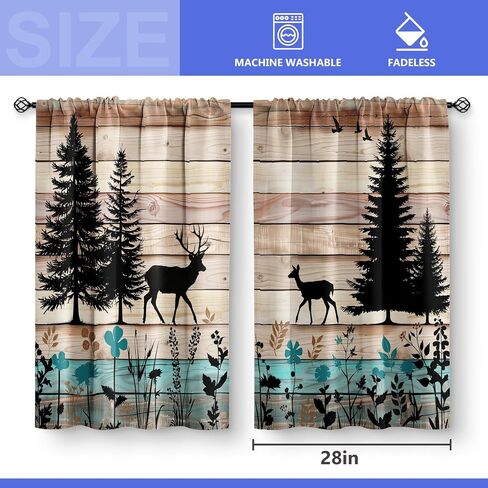 Aimego Forest Deer Kitchen Curtains - Wood Retro Teal Cafe Country Rustic Small Short Tier Window Curtains for Bathroom Living Room Decor Rod Pocket Window Drapes 36 Inch Length Set 28"x36" in Saudi Arabia