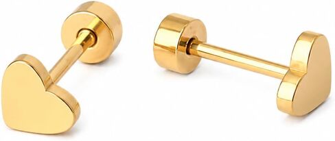 18K Gold Plated Hypoallergenic Screw Flat Back Earring | 18K Gold Plated Surgical Steel Heart Earrings with Screw Flat Backs, Hypoallergenic, 1 Pair in Saudi Arabia