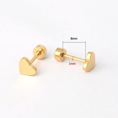 18K Gold Plated Hypoallergenic Screw Flat Back Earring | 18K Gold Plated Surgical Steel Heart Earrings with Screw Flat Backs, Hypoallergenic, 1 Pair in Saudi Arabia