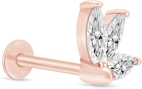 14K Solid Yellow Gold Cubic Zirconia Marquise Lotus Cartilage Flat Back Earring for Women Internally Threaded Tragus Helix Upper Ear Piercing Jewelry CZ Crown Stud Earring SINGLE/PAIR Jewelry Gift in Saudi Arabia