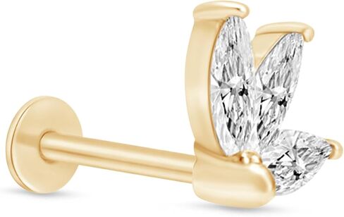 14K Solid Yellow Gold Cubic Zirconia Marquise Lotus Cartilage Flat Back Earring for Women Internally Threaded Tragus Helix Upper Ear Piercing Jewelry CZ Crown Stud Earring SINGLE/PAIR Jewelry Gift in Saudi Arabia