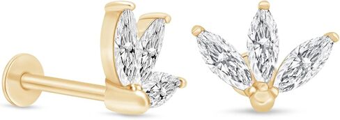 14K Solid Yellow Gold Cubic Zirconia Marquise Lotus Cartilage Flat Back Earring for Women Internally Threaded Tragus Helix Upper Ear Piercing Jewelry CZ Crown Stud Earring SINGLE/PAIR Jewelry Gift in Saudi Arabia
