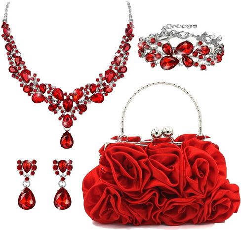 4 Pcs Rose Flower Clutch Handbags Rhinestone Jewelry Set Clutch for Wedding Party Prom Valentine Gift in Kuwait