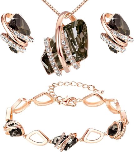 Leafael Wish Stone Necklace, Stud Earrings, and Bracelet Jewelry Set for Women, Silver Black Crystal Crystal Jewelry, Silver Tone Gifts for Women in Kuwait