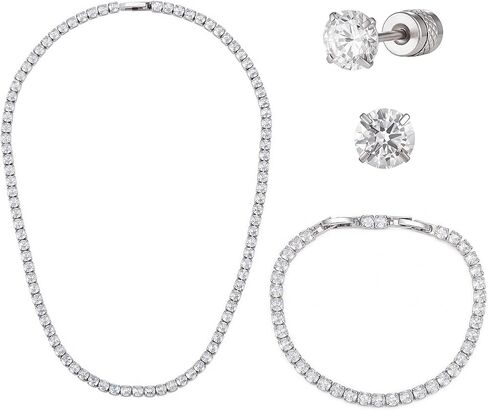 Tennis Jewelry Set for Women 4mm Cubic Zirconia Necklace Bracelet Earring 3Pcs Set Silver Tone Hypoallergenic Iced Out CZ Bridal Accessories Dainty Wedding Party Anniversary Birthday Gift for Her in Saudi Arabia