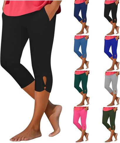 Capri Pants for Women Stretch Tummy Control Workout Leggings Casual Summer Athletic Yoga Cropped Pant with Pockets in Saudi Arabia