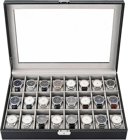 MAOPINER 24 Slot Watch Box, Premium Watch Case with Glass Display Lid, PU Leather Watch Storage Organizer, Lockable Wristwatch Display Case with Removable Pillows in Saudi Arabia