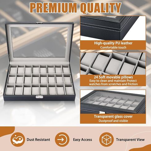 MAOPINER 24 Slot Watch Box, Premium Watch Case with Glass Display Lid, PU Leather Watch Storage Organizer, Lockable Wristwatch Display Case with Removable Pillows in Saudi Arabia
