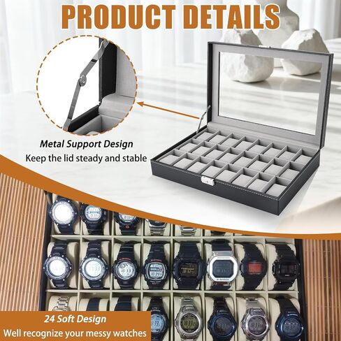 MAOPINER 24 Slot Watch Box, Premium Watch Case with Glass Display Lid, PU Leather Watch Storage Organizer, Lockable Wristwatch Display Case with Removable Pillows in Saudi Arabia